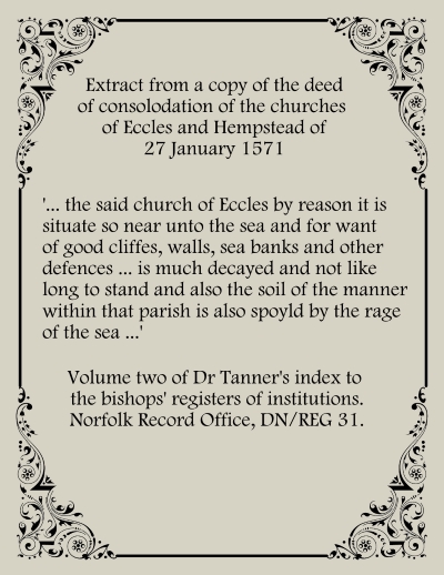 extract from Dr Tanner's index of Norwich diocesan institution books regarding the demise of Eccles church to coastal erosion