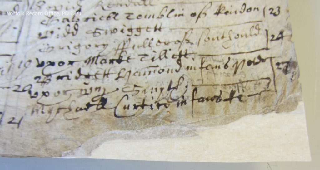 An example of a parchment repair carried out on the first Great Yarmouth parish register.